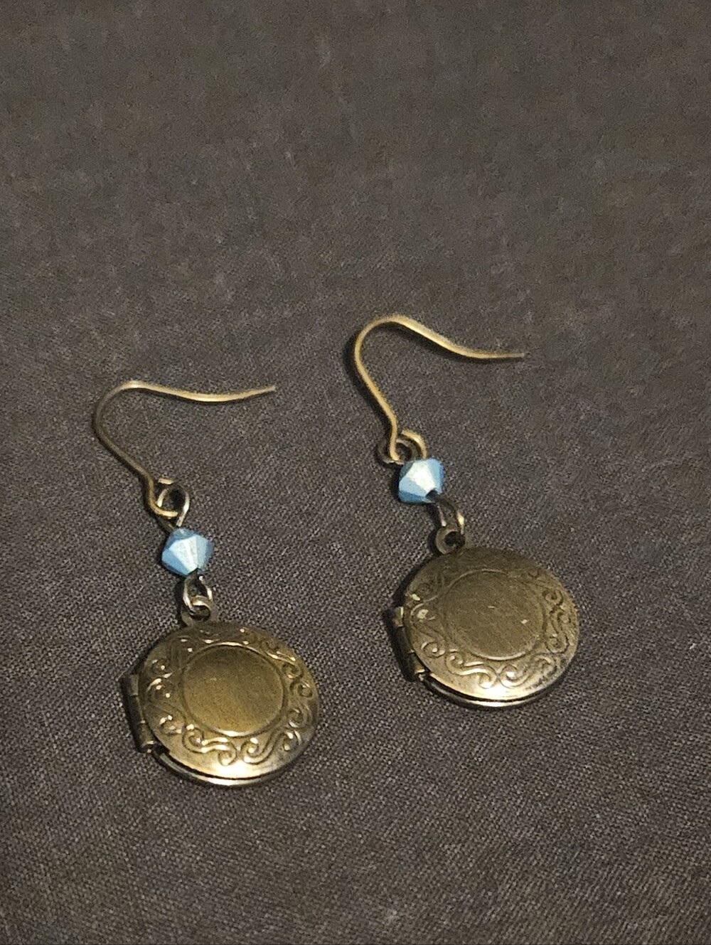 Vintage Michal Negrin Locket Dangle Earrings Blue Bead Brass Victorian Y2K